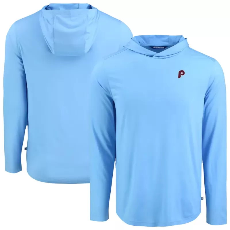 Men's Philadelphia Phillies Cutter & Buck Light Blue Coastline Epic Comfort Recycled Eco Hoodie Long Sleeve T-Shirt Men's Philadelphia Phillies Cutter & Buck Light Blue Coastline Epic Comfort Recycled Eco Hoodie Long Sleeve T-Shirt