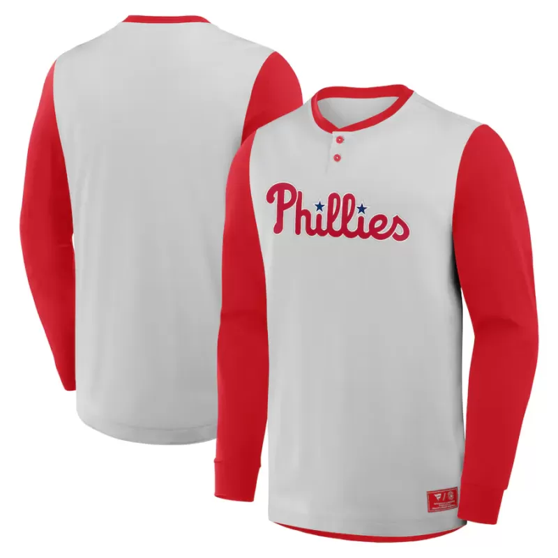 Men's Philadelphia Phillies Fanatics Gray/Red Clubhouse Long Sleeve Henley Shirt Men's Philadelphia Phillies Fanatics Gray/Red Clubhouse Long Sleeve Henley Shirt