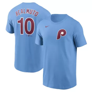 Men's Philadelphia Phillies J.T. Realmuto Nike Light Blue Fuse Name & Number T-Shirt Men's Philadelphia Phillies J.T. Realmuto Nike Light Blue Fuse Name & Number T-Shirt