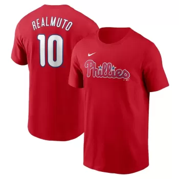 Men's Philadelphia Phillies J.T. Realmuto Nike Red Fuse Name & Number T-Shirt Men's Philadelphia Phillies J.T. Realmuto Nike Red Fuse Name & Number T-Shirt