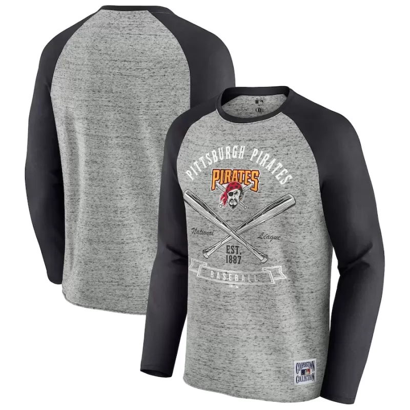 Men's Pittsburgh Pirates Darius Rucker Collection by Fanatics Heather Gray Raw Edge Raglan Long Sleeve Baseball T-Shirt