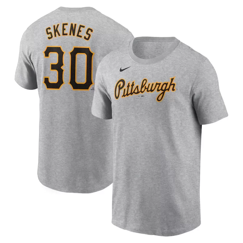 Men's Pittsburgh Pirates Paul Skenes Nike Heather Gray Fuse Name & Number T-Shirt Men's Pittsburgh Pirates Paul Skenes Nike Heather Gray Fuse Name & Number T-Shirt