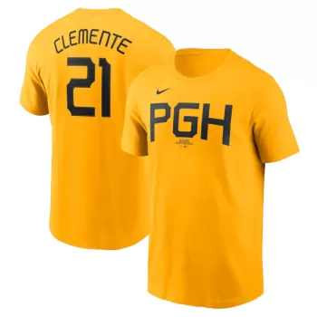 Men's Pittsburgh Pirates Roberto Clemente Nike Gold City Connect Fuse Name & Number T-Shirt Men's Pittsburgh Pirates Roberto Clemente Nike Gold City Connect Fuse Name & Number T-Shirt