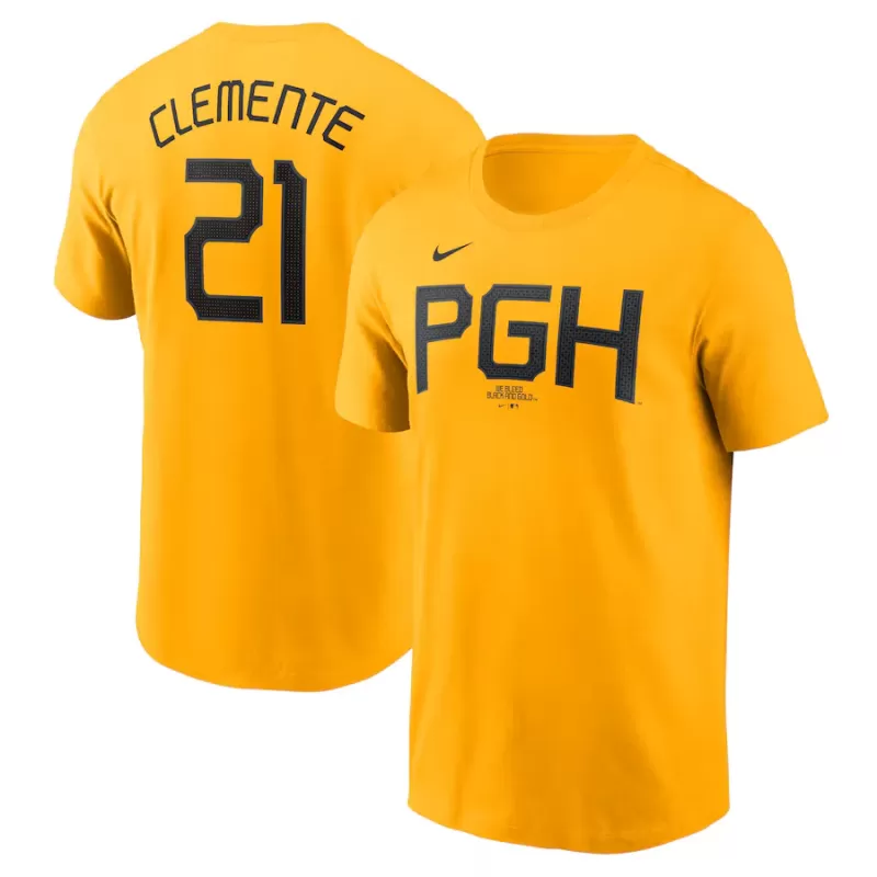 Men's Pittsburgh Pirates Roberto Clemente Nike Gold City Connect Fuse Name & Number T-Shirt Men's Pittsburgh Pirates Roberto Clemente Nike Gold City Connect Fuse Name & Number T-Shirt