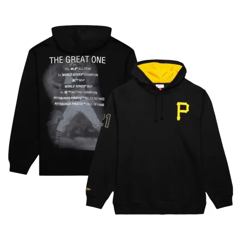 Men's Pittsburgh Pirates Roberto Clemente Mitchell & Ness Black Vintage Logo Name & Number Pullover Hoodie Men's Pittsburgh Pirates Roberto Clemente Mitchell & Ness Black Vintage Logo Name & Number Pullover Hoodie