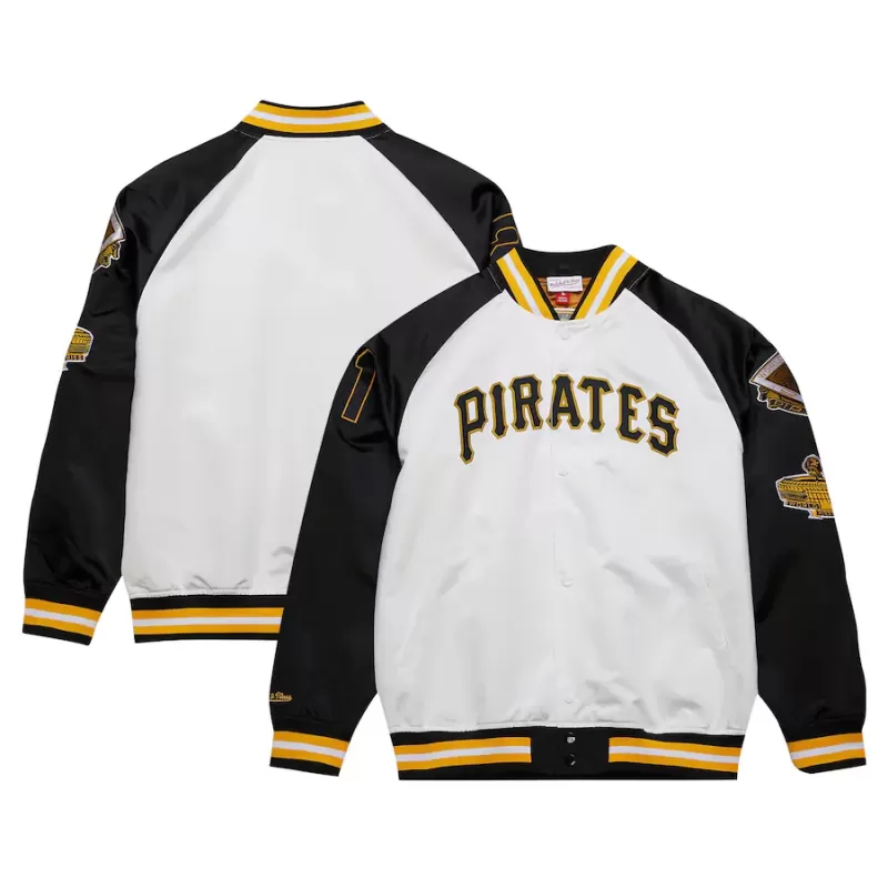 Men's Pittsburgh Pirates Roberto Clemente Mitchell & Ness White/Black Cooperstown Collection Legends Lightweight Satin Raglan Full-Snap Jacket Men's Pittsburgh Pirates Roberto Clemente Mitchell & Ness White/Black Cooperstown Collection Legends Lightweight Satin Raglan Full-Snap Jacket