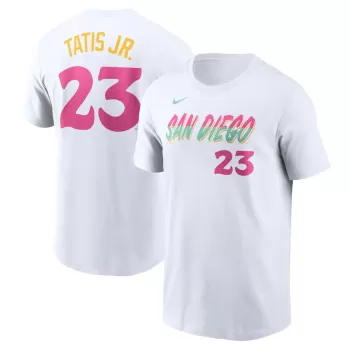Men's San Diego Padres Fernando Tatis Jr. Nike White City Connect Fuse Name & Number T-Shirt Men's San Diego Padres Fernando Tatis Jr. Nike White City Connect Fuse Name & Number T-Shirt