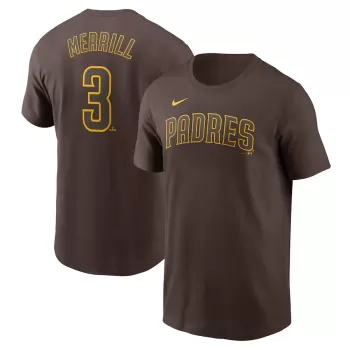 Men's San Diego Padres Jackson Merrill Nike Brown Fuse Name & Number T-Shirt Men's San Diego Padres Jackson Merrill Nike Brown Fuse Name & Number T-Shirt