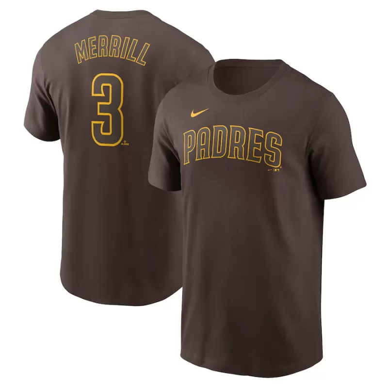 Men's San Diego Padres Jackson Merrill Nike Brown Fuse Name & Number T-Shirt Men's San Diego Padres Jackson Merrill Nike Brown Fuse Name & Number T-Shirt