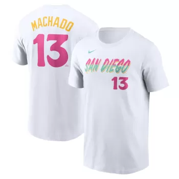 Men's San Diego Padres Manny Machado Nike White City Connect Fuse Name & Number T-Shirt Men's San Diego Padres Manny Machado Nike White City Connect Fuse Name & Number T-Shirt