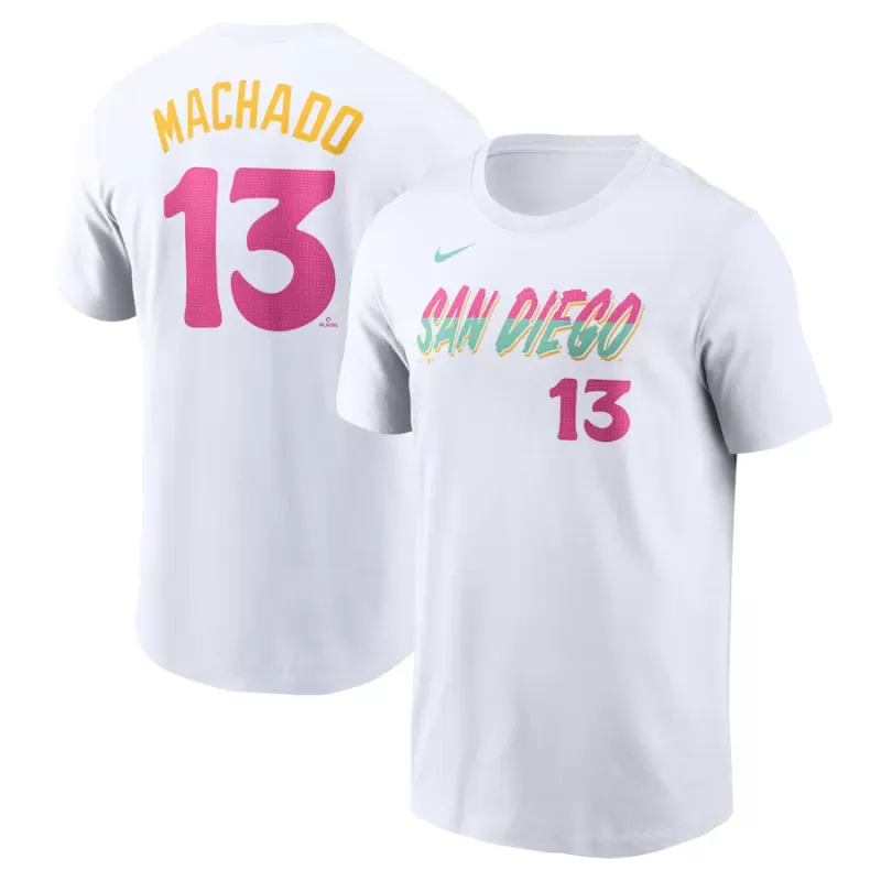 Men's San Diego Padres Manny Machado Nike White City Connect Fuse Name & Number T-Shirt Men's San Diego Padres Manny Machado Nike White City Connect Fuse Name & Number T-Shirt