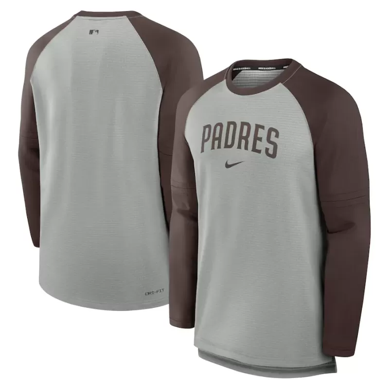 Men's San Diego Padres Nike Heather Gray/Brown Authentic Collection Game Time Raglan Performance Long Sleeve T-Shirt Men's San Diego Padres Nike Heather Gray/Brown Authentic Collection Game Time Raglan Performance Long Sleeve T-Shirt