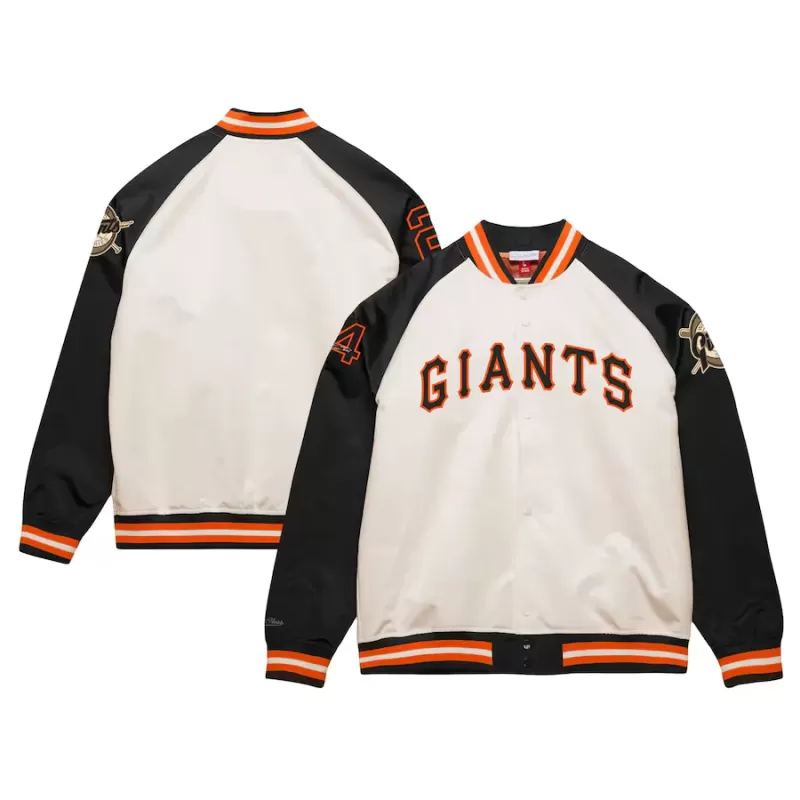Men's San Francisco Giants Willie Mays Mitchell & Ness Cream/Black Cooperstown Collection Legends Lightweight Satin Raglan Full-Snap Jacket Men's San Francisco Giants Willie Mays Mitchell & Ness Cream/Black Cooperstown Collection Legends Lightweight Satin Raglan Full-Snap Jacket