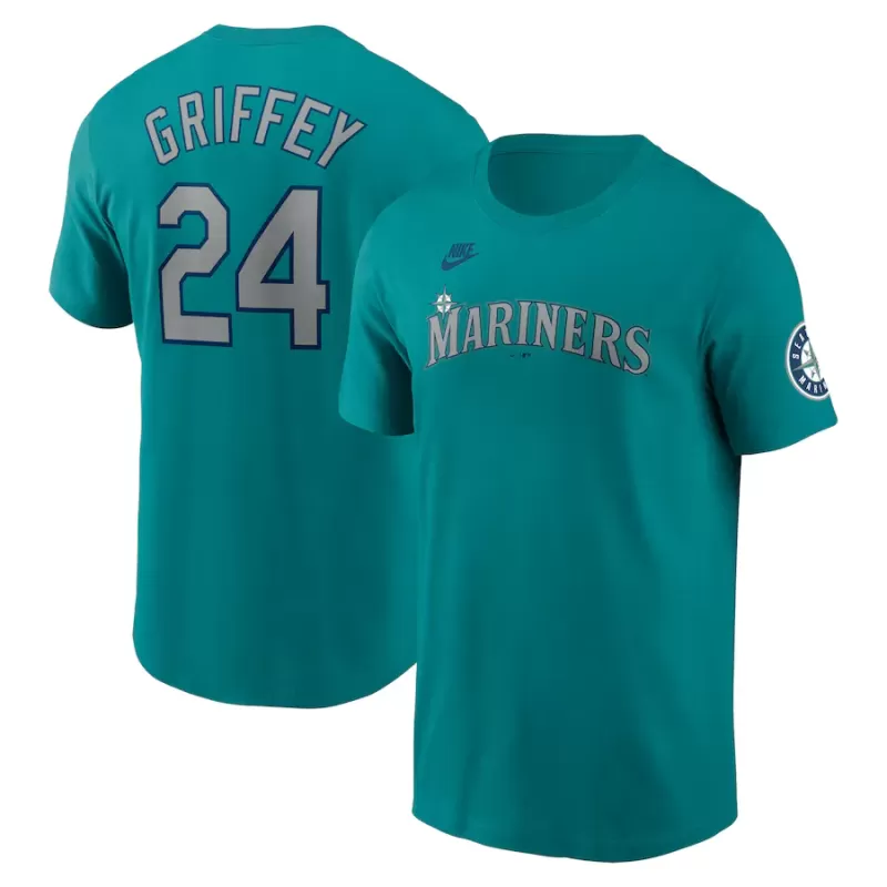 Men's Seattle Mariners Ken Griffey Jr. Nike Aqua Cooperstown Collection Name & Number T-Shirt Men's Seattle Mariners Ken Griffey Jr. Nike Aqua Cooperstown Collection Name & Number T-Shirt