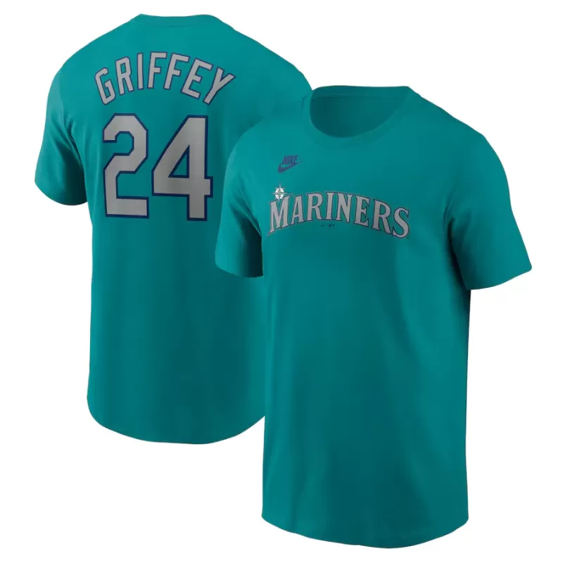 Men's Seattle Mariners Ken Griffey Jr. Nike Aqua Fuse Name & Number T-Shirt Men's Seattle Mariners Ken Griffey Jr. Nike Aqua Fuse Name & Number T-Shirt