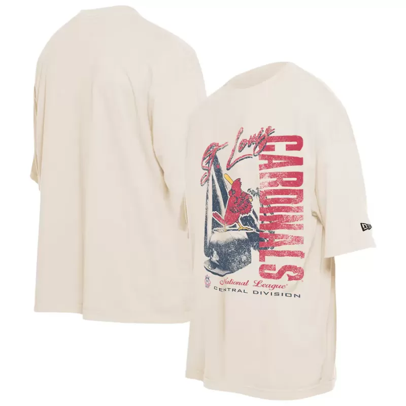 Men's St. Louis Cardinals New Era Cream Cooperstown Collection Oversized Throwback Distressed T-Shirt Men's St. Louis Cardinals New Era Cream Cooperstown Collection Oversized Throwback Distressed T-Shirt