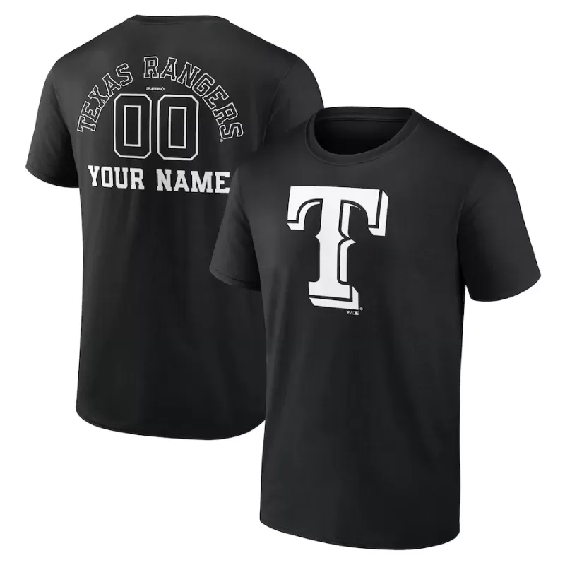 Men's Texas Rangers Black Monochrome Personalized Name & Number T-Shirt Men's Texas Rangers Black Monochrome Personalized Name & Number T-Shirt