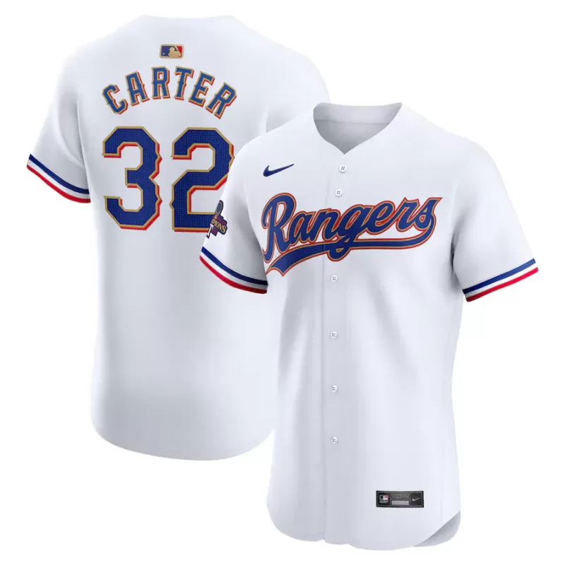 Men's Texas Rangers Evan Carter Nike White 2024 Gold Collection Elite Player Jersey Men's Texas Rangers Evan Carter Nike White 2024 Gold Collection Elite Player Jersey