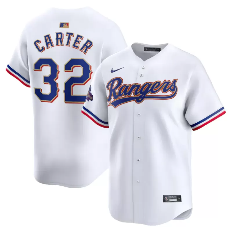 Men's Texas Rangers Evan Carter Nike White 2024 Gold Collection Limited Player Jersey Men's Texas Rangers Evan Carter Nike White 2024 Gold Collection Limited Player Jersey