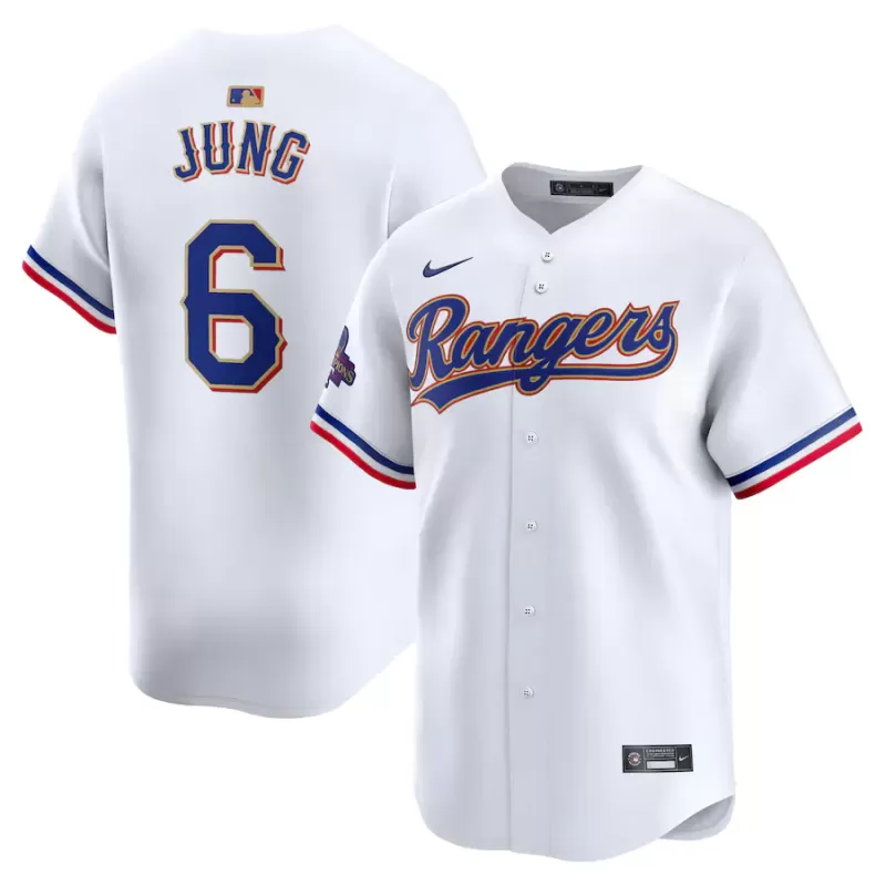 Men's Texas Rangers Josh Jung Nike White 2024 Gold Collection Limited Player Jersey Men's Texas Rangers Josh Jung Nike White 2024 Gold Collection Limited Player Jersey