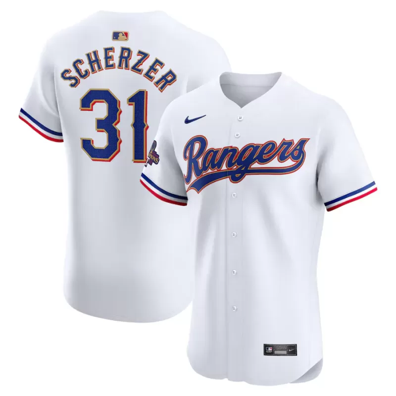 Men's Texas Rangers Max Scherzer Nike White 2024 Gold Collection Elite Player Jersey Men's Texas Rangers Max Scherzer Nike White 2024 Gold Collection Elite Player Jersey