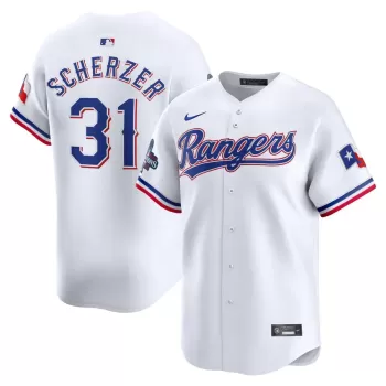 Men's Texas Rangers Max Scherzer Nike White Home 2023 World Series Champions Limited Jersey Men's Texas Rangers Max Scherzer Nike White Home 2023 World Series Champions Limited Jersey