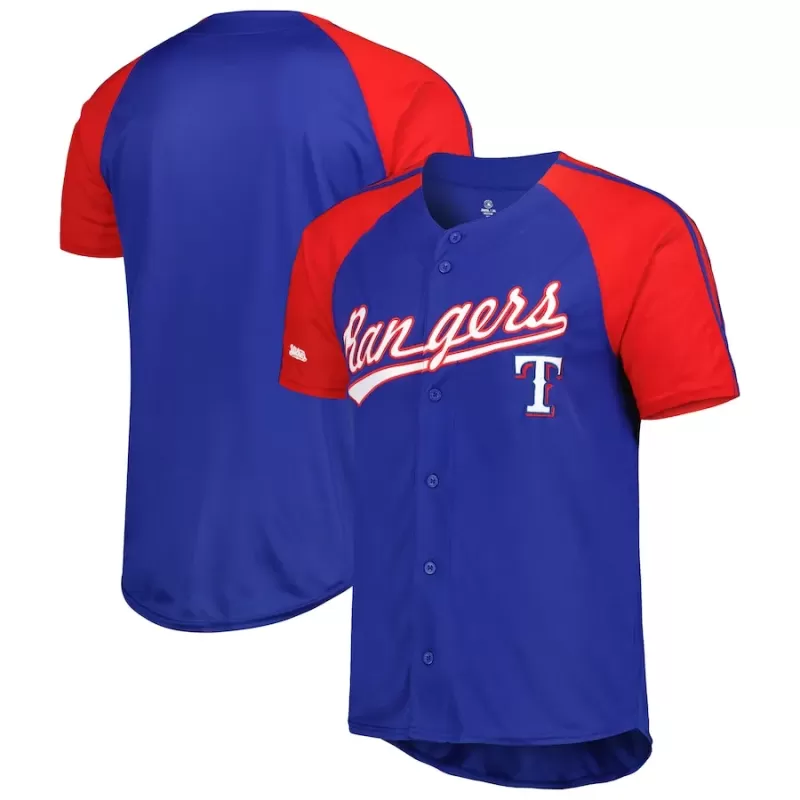 Men's Texas Rangers Stitches Royal Button-Down Raglan Fashion Jersey Men's Texas Rangers Stitches Royal Button-Down Raglan Fashion Jersey