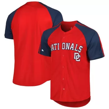 Men's Washington Nationals Stitches Red Button-Down Raglan Fashion Jersey Men's Washington Nationals Stitches Red Button-Down Raglan Fashion Jersey