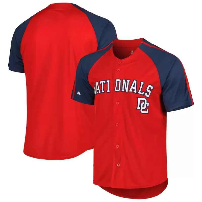 Men's Washington Nationals Stitches Red Button-Down Raglan Fashion Jersey Men's Washington Nationals Stitches Red Button-Down Raglan Fashion Jersey