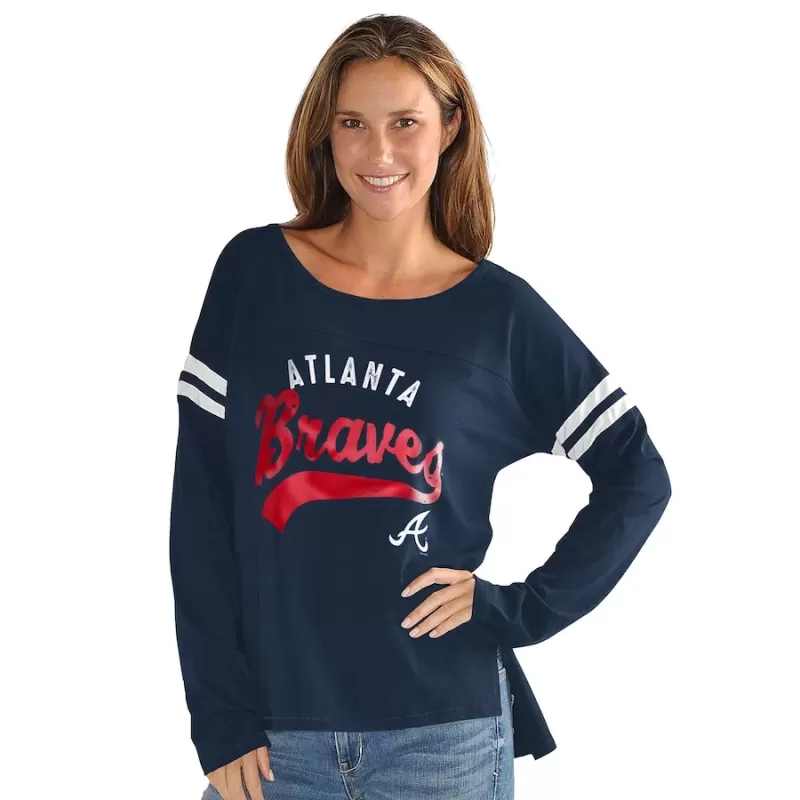 Women's Atlanta Braves G-III 4Her by Carl Banks Navy Free Agent Distressed Long Sleeve Scoop Neck T-Shirt Women's Atlanta Braves G-III 4Her by Carl Banks Navy Free Agent Distressed Long Sleeve Scoop Neck T-Shirt