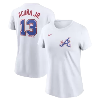 Women's Atlanta Braves Ronald Acuña Jr. Nike White 2024 City Connect Fuse Name & Number T-Shirt Women's Atlanta Braves Ronald Acuña Jr. Nike White 2024 City Connect Fuse Name & Number T-Shirt