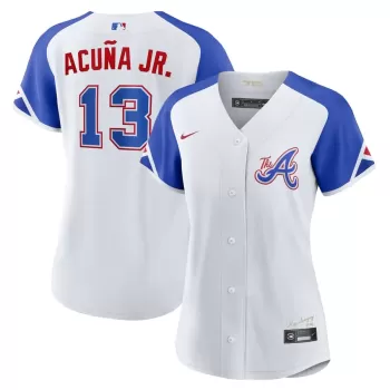 Women's Atlanta Braves Ronald Acuña Jr. Nike White City Connect Replica Player Jersey Women's Atlanta Braves Ronald Acuña Jr. Nike White City Connect Replica Player Jersey