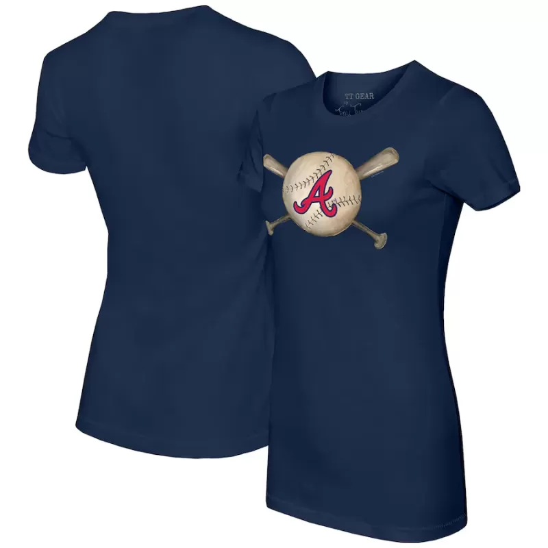 Women's Atlanta Braves Tiny Turnip Navy Baseball Cross Bats T-Shirt Women's Atlanta Braves Tiny Turnip Navy Baseball Cross Bats T-Shirt