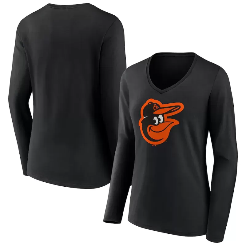 Women's Baltimore Orioles Fanatics Black Official Logo V-Neck Long Sleeve T-Shirt Women's Baltimore Orioles Fanatics Black Official Logo V-Neck Long Sleeve T-Shirt