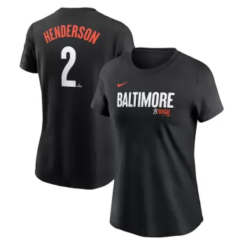 Women's Baltimore Orioles Gunnar Henderson Nike Black 2024 City Connect Fuse Player Name & Number T-Shirt Women's Baltimore Orioles Gunnar Henderson Nike Black 2024 City Connect Fuse Player Name & Number T-Shirt
