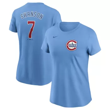 Women's Chicago Cubs Dansby Swanson Nike Baby Blue Fuse Name & Number T-Shirt Women's Chicago Cubs Dansby Swanson Nike Baby Blue Fuse Name & Number T-Shirt
