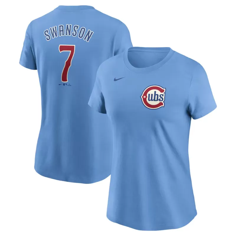 Women's Chicago Cubs Dansby Swanson Nike Baby Blue Fuse Name & Number T-Shirt