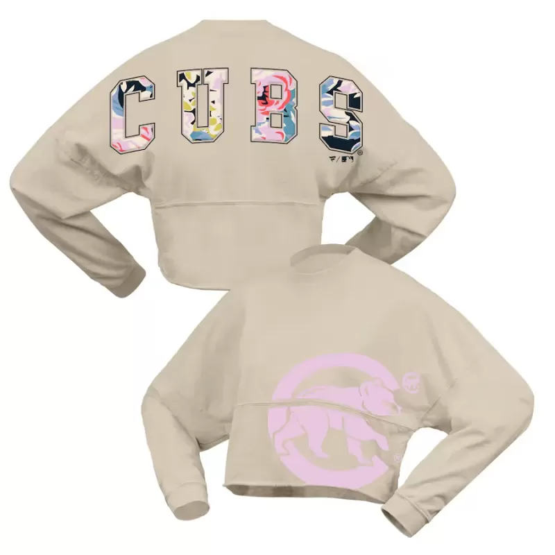 Women's Chicago Cubs Fanatics Cream Floral Preppy Cropped Long Sleeve T-Shirt