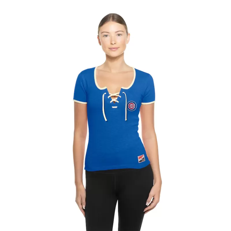 Women's Chicago Cubs New Era Royal Throwback Lace Up T-Shirt