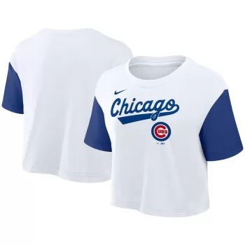 Women's Chicago Cubs Nike White/Royal Script Cropped Performance T-Shirt Women's Chicago Cubs Nike White/Royal Script Cropped Performance T-Shirt