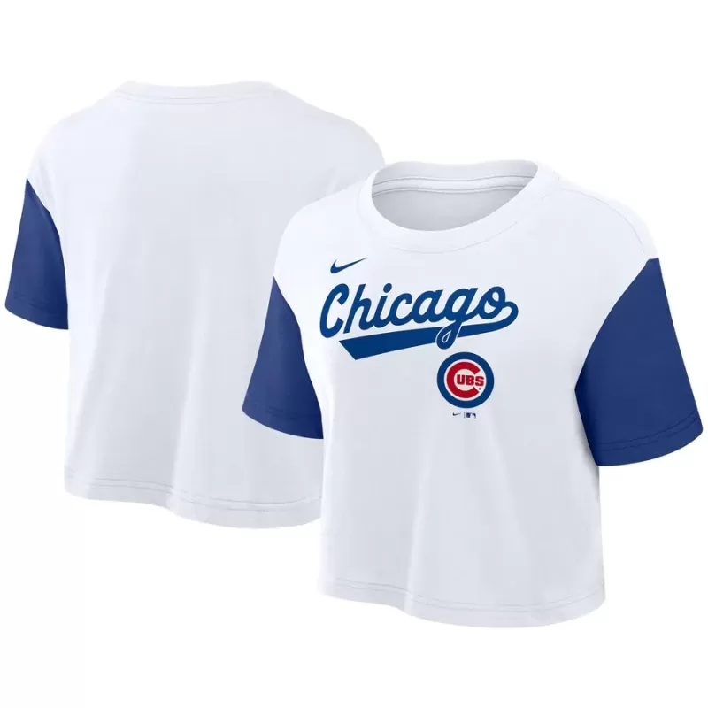 Women's Chicago Cubs Nike White/Royal Script Cropped Performance T-Shirt Women's Chicago Cubs Nike White/Royal Script Cropped Performance T-Shirt