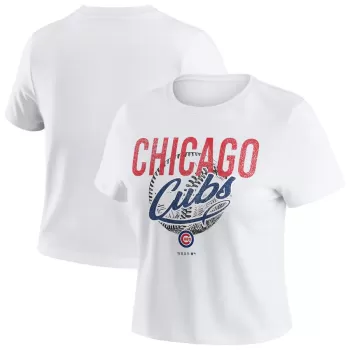 Women's Chicago Cubs WEAR by Erin Andrews White Distressed Cropped Baby T-Shirt