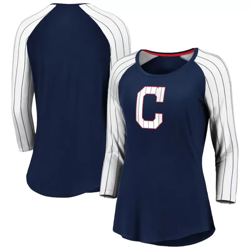 Women's Cleveland Guardians Fanatics Navy Iconic Pinstripe Raglan 3/4-Sleeve T-Shirt