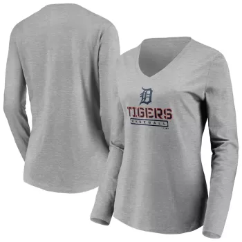 Women's Detroit Tigers Gray Evanston Stencil Long Sleeve V-Neck T-Shirt Women's Detroit Tigers Gray Evanston Stencil Long Sleeve V-Neck T-Shirt