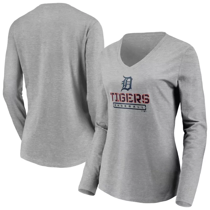 Women's Detroit Tigers Gray Evanston Stencil Long Sleeve V-Neck T-Shirt Women's Detroit Tigers Gray Evanston Stencil Long Sleeve V-Neck T-Shirt