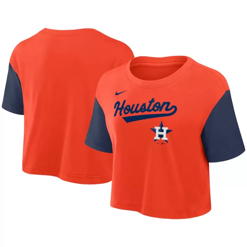 Women's Houston Astros Nike Orange/Navy Script Cropped Performance T-Shirt Women's Houston Astros Nike Orange/Navy Script Cropped Performance T-Shirt