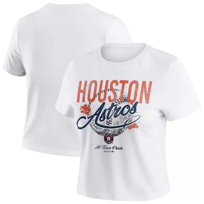 Women's Houston Astros WEAR by Erin Andrews White Distressed Cropped Baby T-Shirt Women's Houston Astros WEAR by Erin Andrews White Distressed Cropped Baby T-Shirt