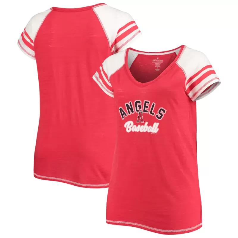 Women's Los Angeles Angels Soft as a Grape Red Curvy Color Block Tri-Blend Raglan V-Neck T-Shirt Women's Los Angeles Angels Soft as a Grape Red Curvy Color Block Tri-Blend Raglan V-Neck T-Shirt