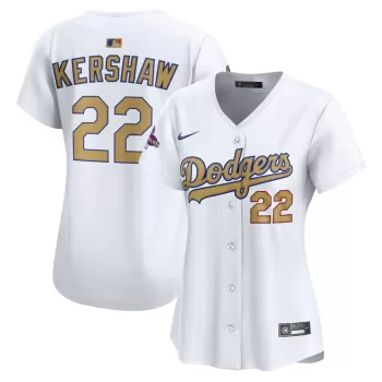 Women's Los Angeles Dodgers Clayton Kershaw Nike White 2025 Gold Collection Limited Jersey Women's Los Angeles Dodgers Clayton Kershaw Nike White 2025 Gold Collection Limited Jersey
