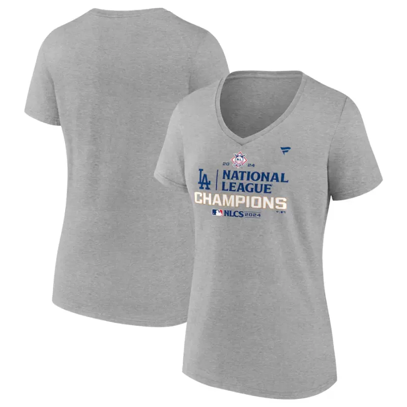 Women's Los Angeles Dodgers Fanatics Heather Gray 2024 National League Champions Locker Room V-Neck T-Shirt Women's Los Angeles Dodgers Fanatics Heather Gray 2024 National League Champions Locker Room V-Neck T-Shirt